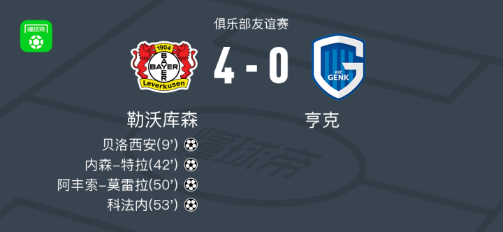 勒沃库森4-0大胜亨克,科法内与阿丰索-莫雷拉双双建功