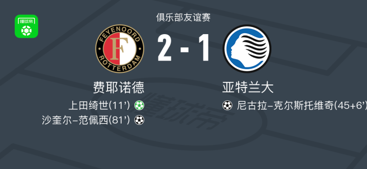 费耶诺德2-1亚特兰大,沙奎尔-范佩西建功,上田绮世点射